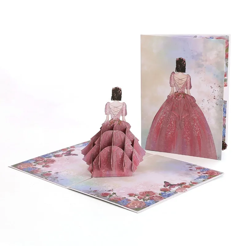 Pop up style Rose Girl Postcard Flower Greeting Card Wedding Invitation Card Princess Valentine's Day Confession 3D gift