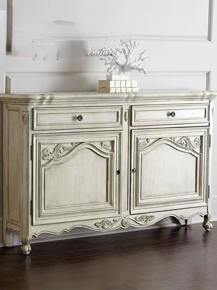 

Solid Wood Sideboard Custom Neo-Classical Carved TV Entrance Cabinet White Retro Distressed Curio Cabinet