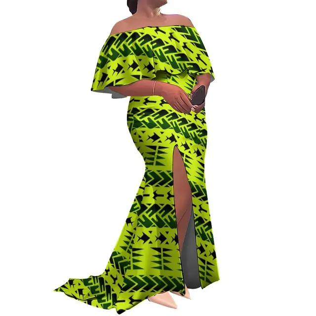 Factory Wholesale Custom Hawaii Ladies Fishtail Dress and New Zealand Dresses Ruffle Off the Shoulder Split Mermaid Maxi Dress