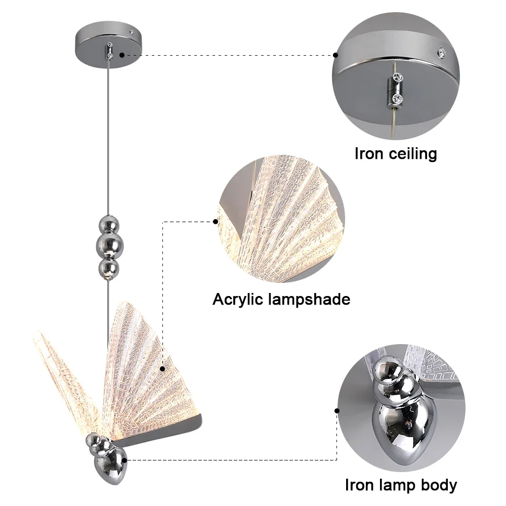 Modern Pendant Lights Butterfly Led Chandelier Ceiling Lamp Bedside Living Dining Room Kitchen Island Decor Hanging Fixture