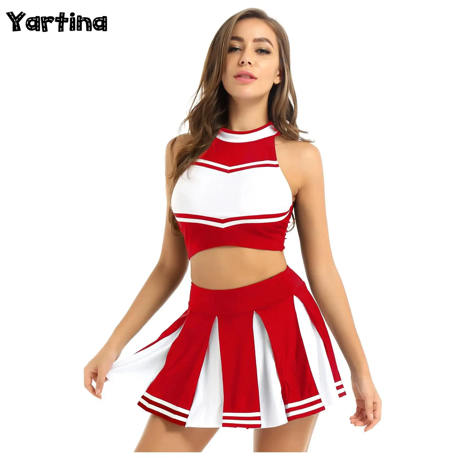 

2Pcs Womens School Girls Cosplay Outfit Cheerleading Carnival Dance Costume Cheerleader Uniform Crop Top with Mini Pleated Skirt