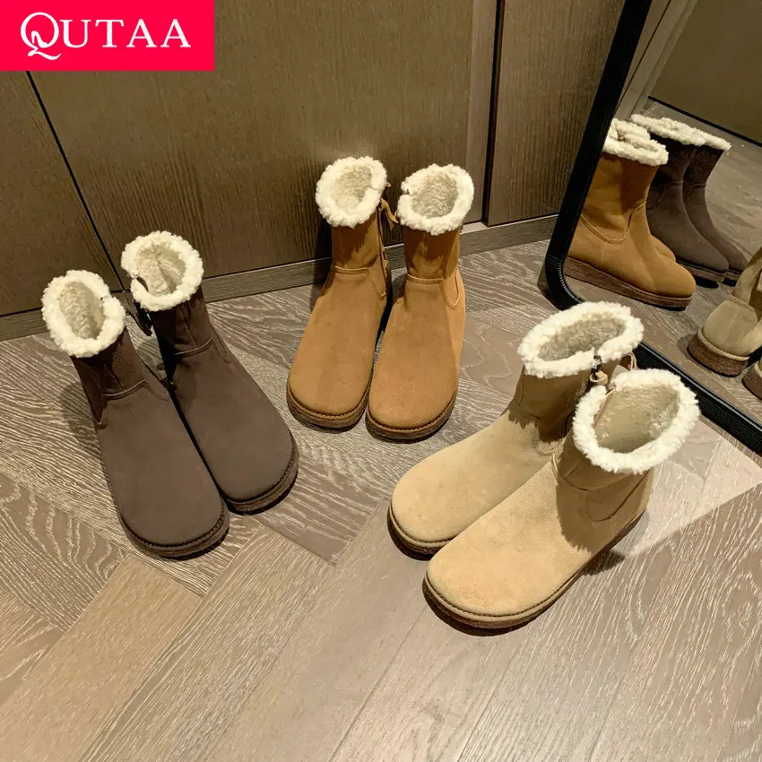 

QUTAA 2024 Winter Women Warm Wool Snow Boots Cow Suede Leather Low Heel Round Toe Ankle Boots Shoes Woman Casual Size 34-39