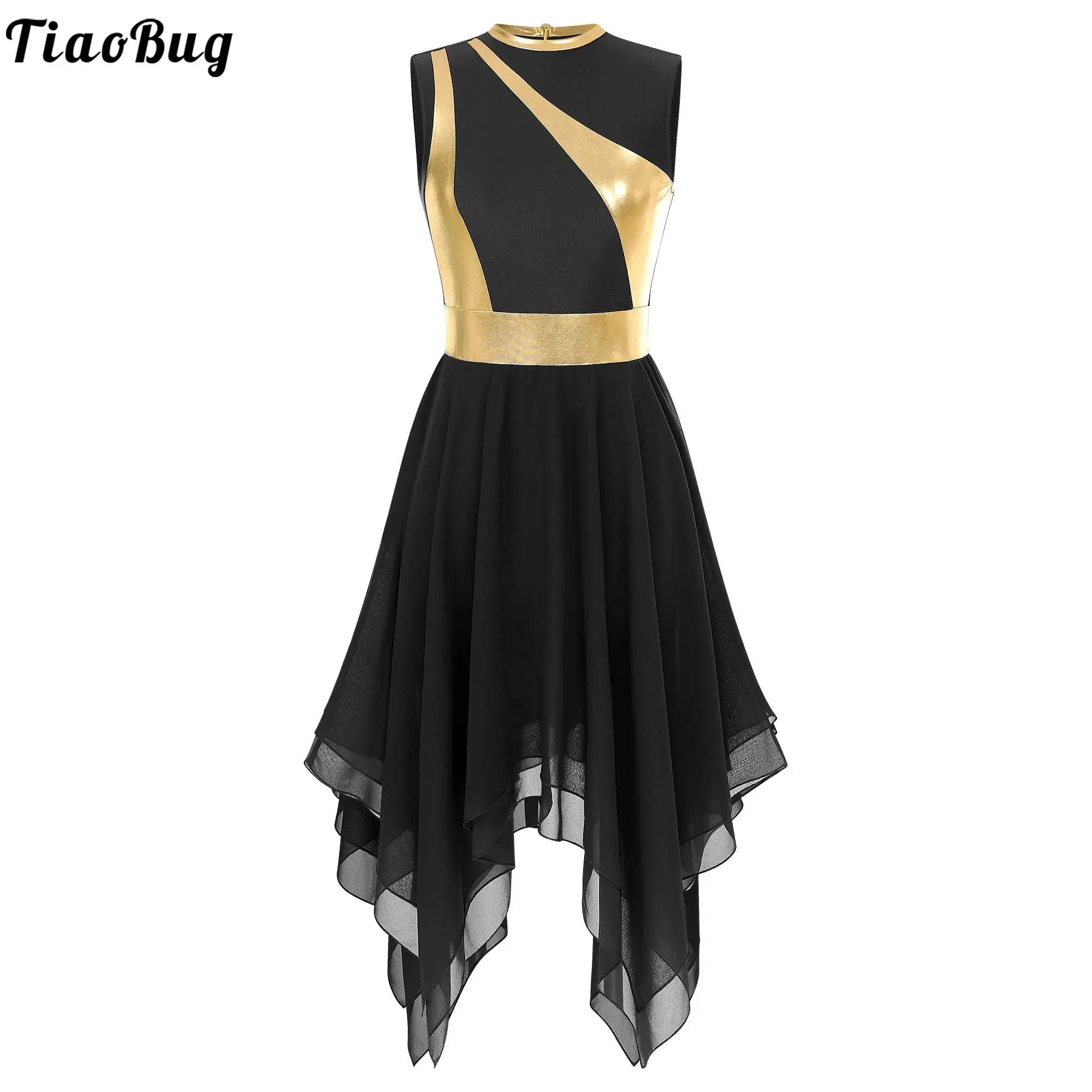 

Lyrical Dance Costume Women Color Block Praise Liturgical Tunic Dress Sleeveless Zipper Irregular Hem Dress for Modern Dancewear