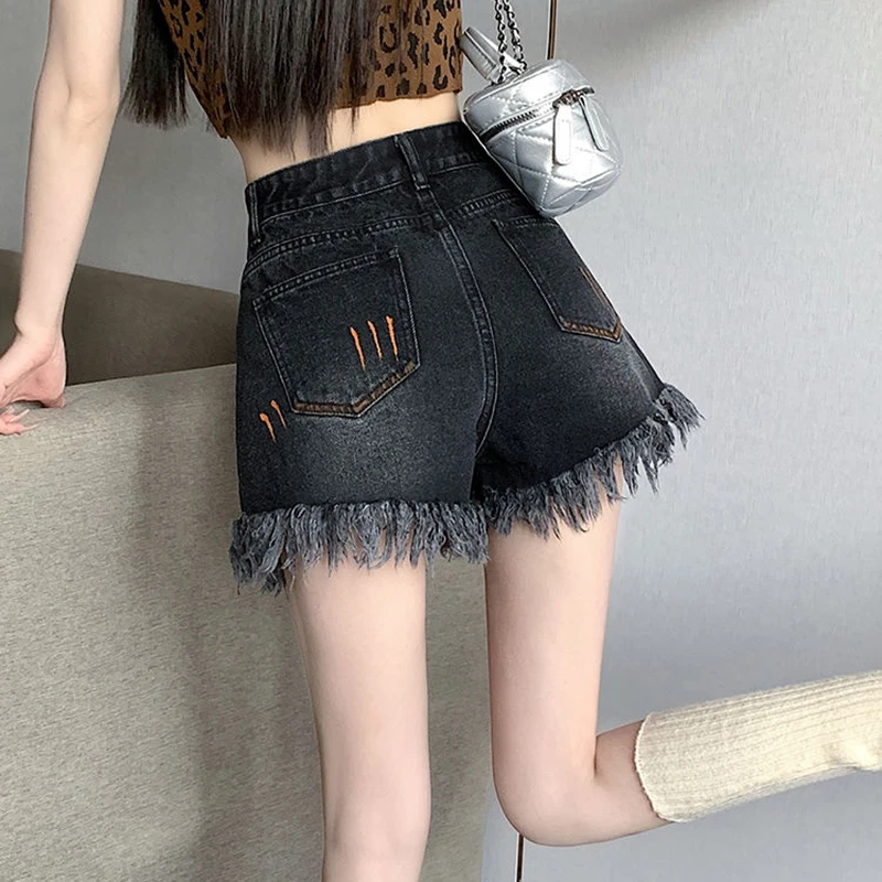 Denim shorts female 2024 new summer graffiti black raw edge summer high waist slim loose plus size A tassel wide leg hot pants