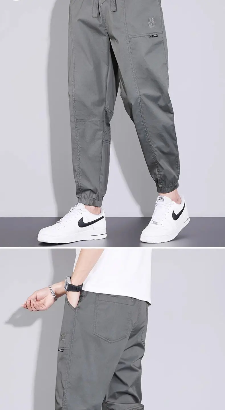 Description Picture 5 of itemSummer Solid Color Fashion Elastic Waist Ankle Length Pants Man High Street Pockets Patchwork Drawstring All-match Cargo Pants