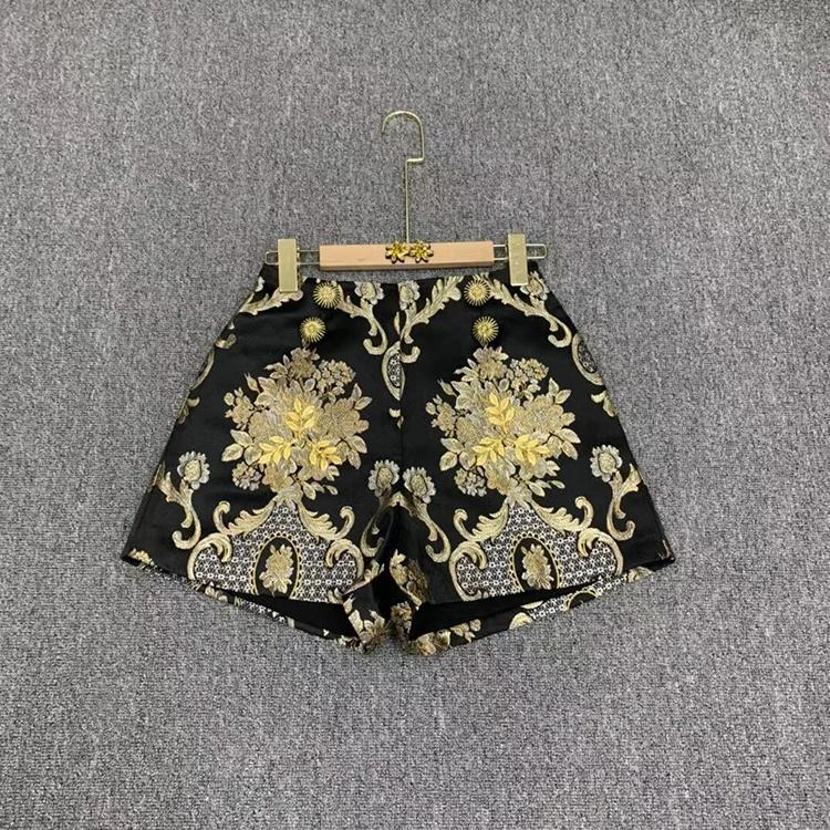 Seasixiang Fashion Designer Summer Shorts Women Embroidery Beading Black Vintage Jacquard Shorts chino shorts