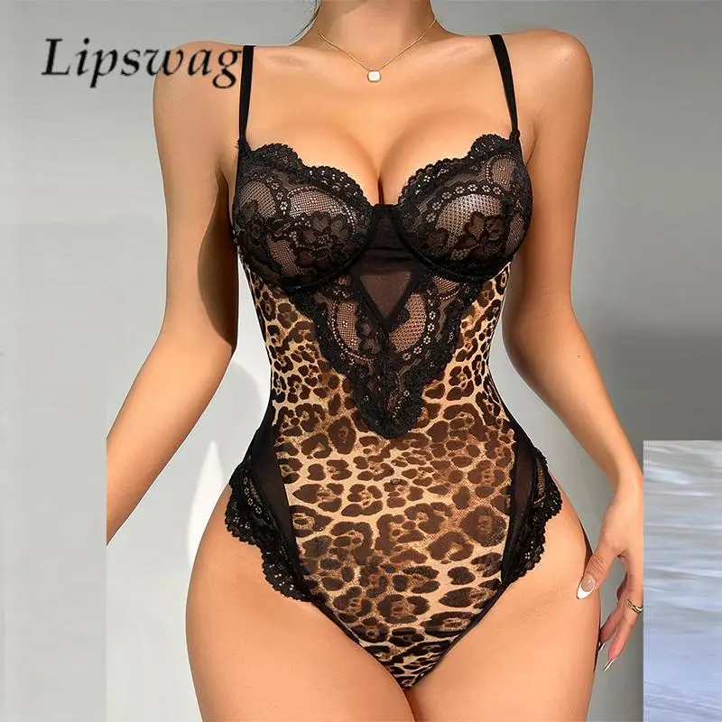 

2023 Sexy Leopard Print Patchwork Bodysuit Lingerie Fashion Sling Low Cut Lace Sexy Underwear Erotic Teddies Nightwear Rompers