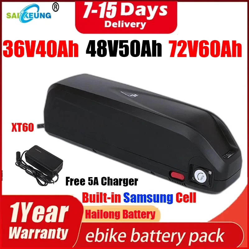 Hailong Ebike Battery 52 48V 36 60 72V Lithium Battery 21700 18650 Cells 24Ah 30 40ah 50 60Ah for Bafang BBS02 BBSHD 2000W Motor