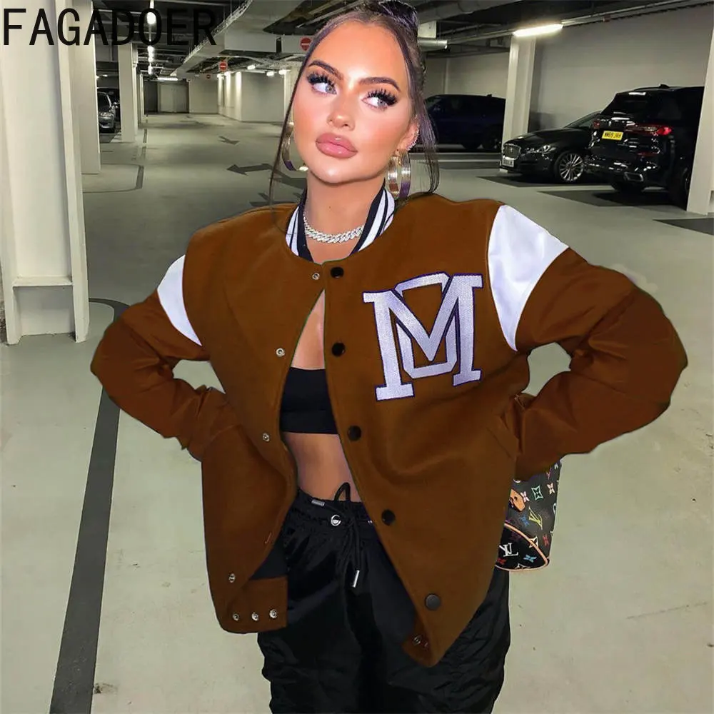 FAGADOER Fashion Streetwear Women Letter Print Patchwork Long Sleeve Coats Fall Winter Button Loose Jackets Female Baseball Top