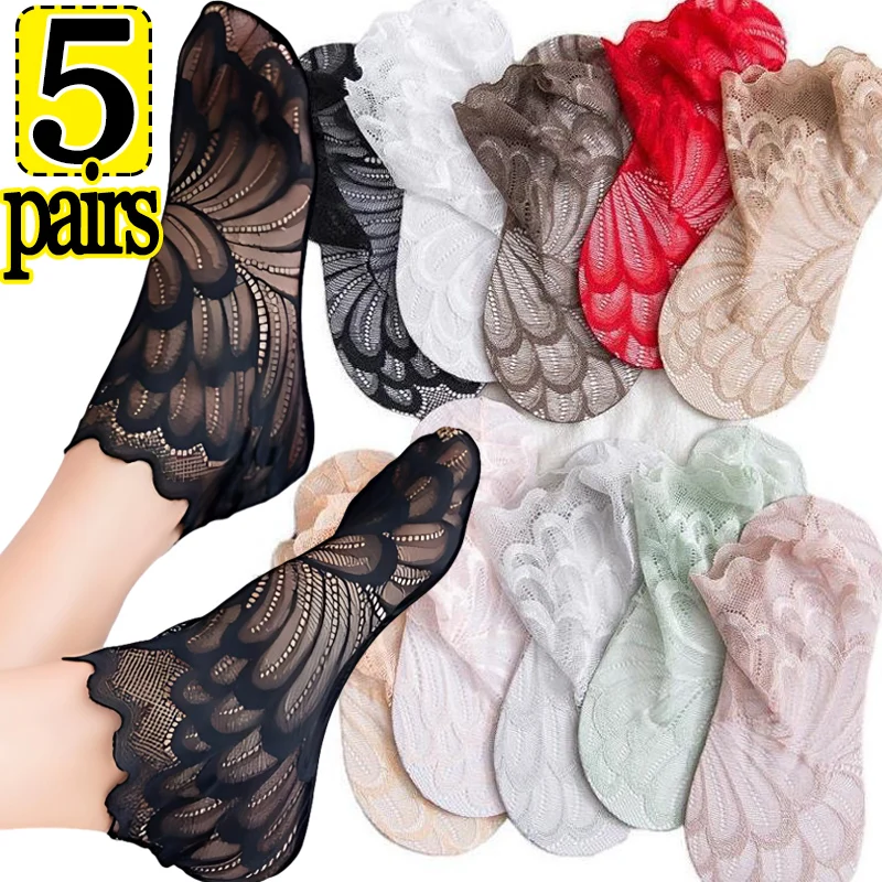 

1/5pairs Women Invisible Hollow Lace Flower Socks Sweet Non-slip Thin Boat Sock Sexy Female Ankle Sox Summer Elastic Hosiery