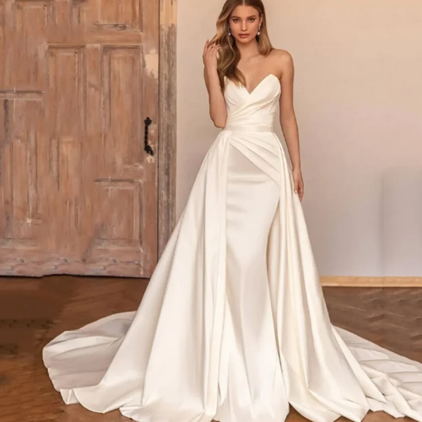 

Sweetheart A-Line White/Ivory Bridal Gowns vestidos de novia Sexy Satin Off Shoulder Wedding Dresses With Detachable Train 2024