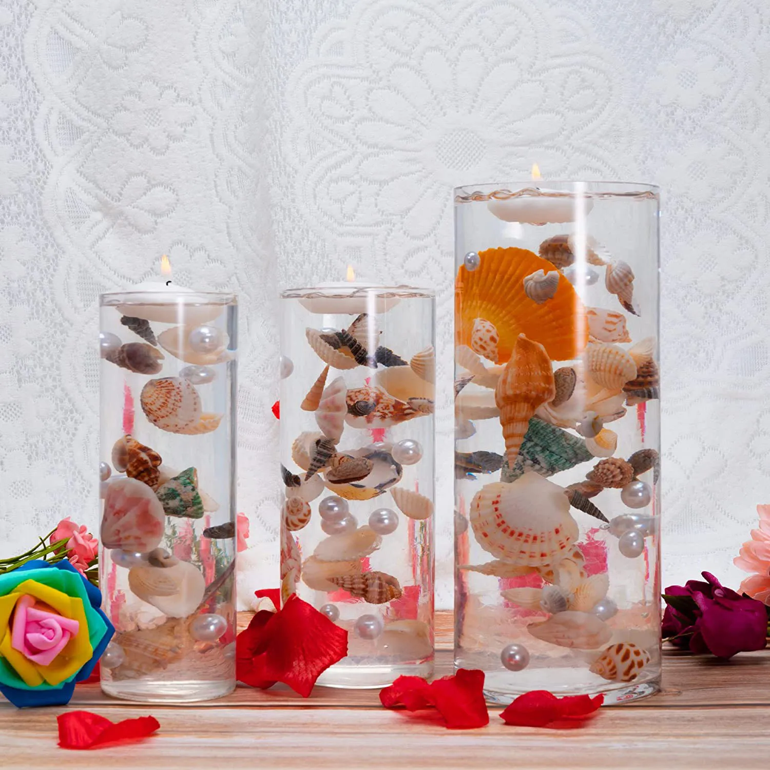 Floating Pearl Vase Filled Shells, Summer Ocean Theme Table