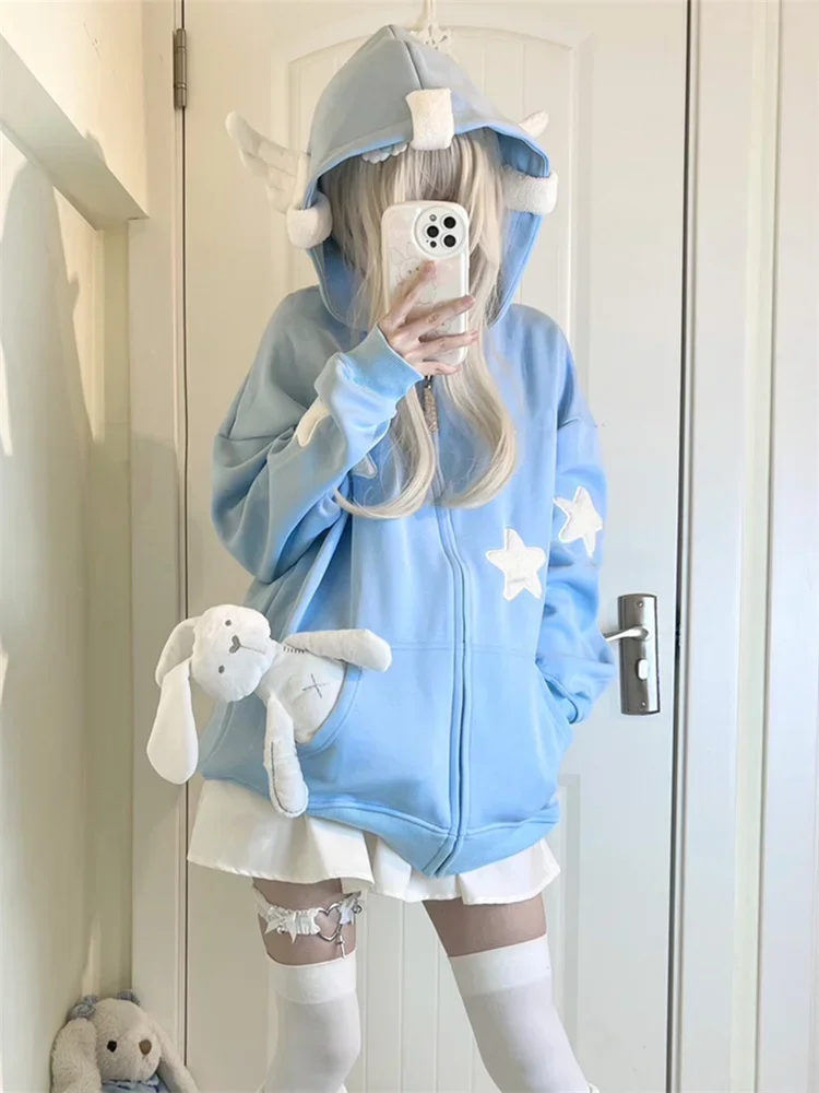 QWEEK Japanese Y2K Zip Up Blue Hoodie Women Harajuku Kawaii Angel Wings Pink Sweatshirts Oversized Subculture Star Black Jacket