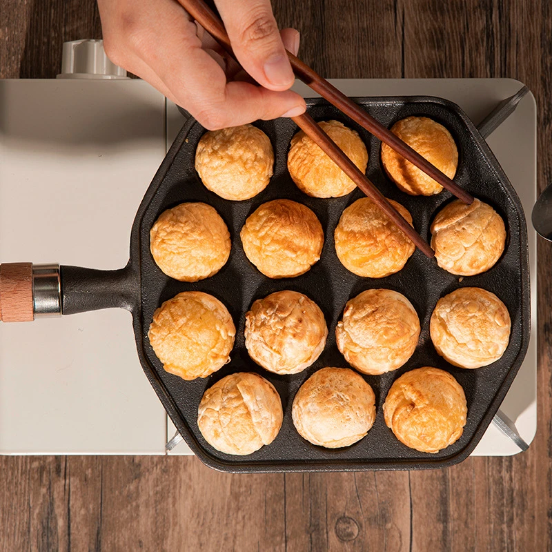 14 Holes Iron Takoyaki Pan with Wooden Handle