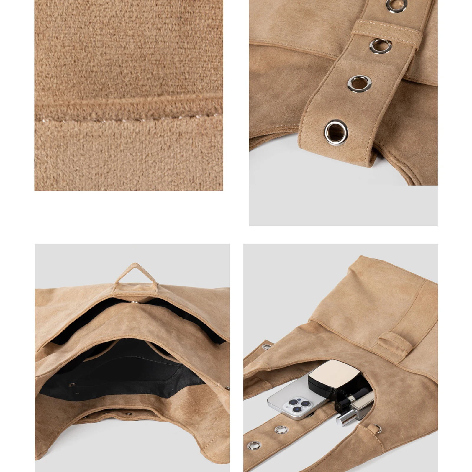 Retro Faux Suede Rivet Shoulder Bags Large Handbag Slouchy Tote Handbag for Women Travel Winter Fall