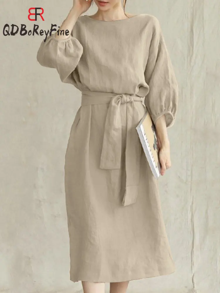 Women 2023 Summer Dress Chic New Cotton Linen Solid Lace Up Casual