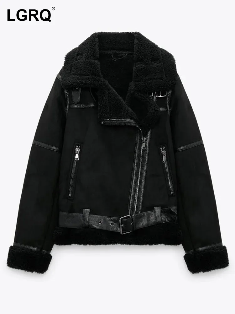 

LGRQ 2024 Fashion Original Splicing Design Shearling Thermal Coat Women Street High Quality Fleece Liner Leather Jacket 19Z1087