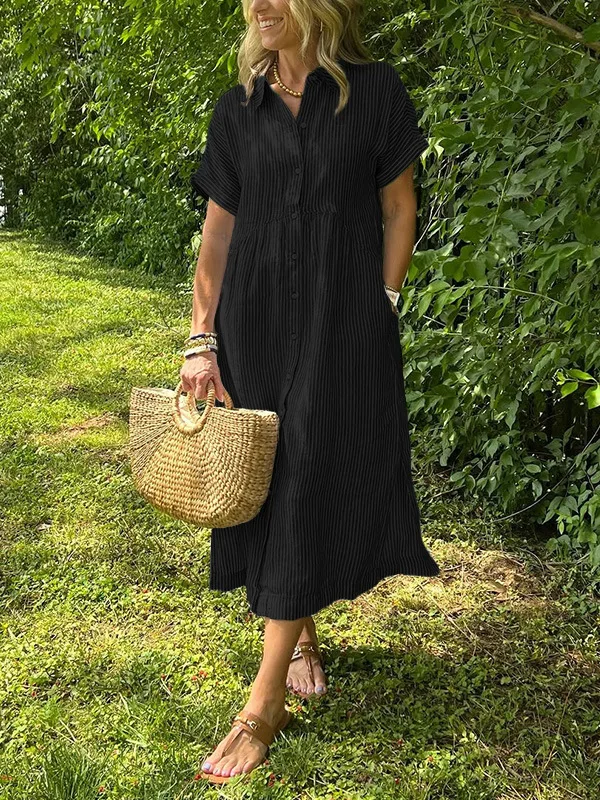 Summer Women's Striped Dress Shirt Lapel Loose Button Cardigan Pocket Fashion Vacation Casual Street Midi Skirt for Female 6