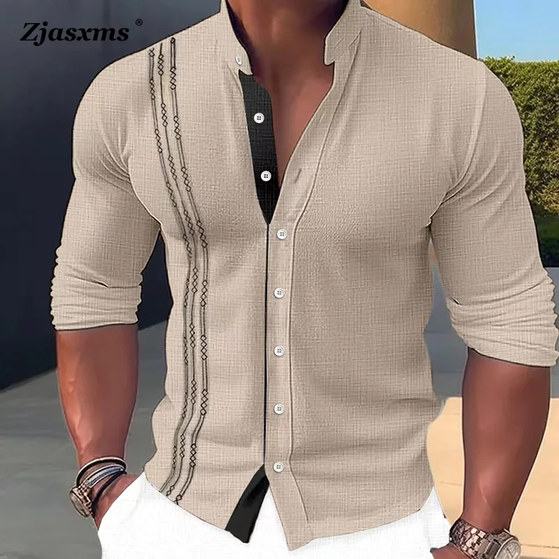 

Fashion Men Patchwork Button-up Stand Collar Blouse 2023 Autumn Men's Cotton Linen Long Sleeve Shirts Vintage Casual Office Tops