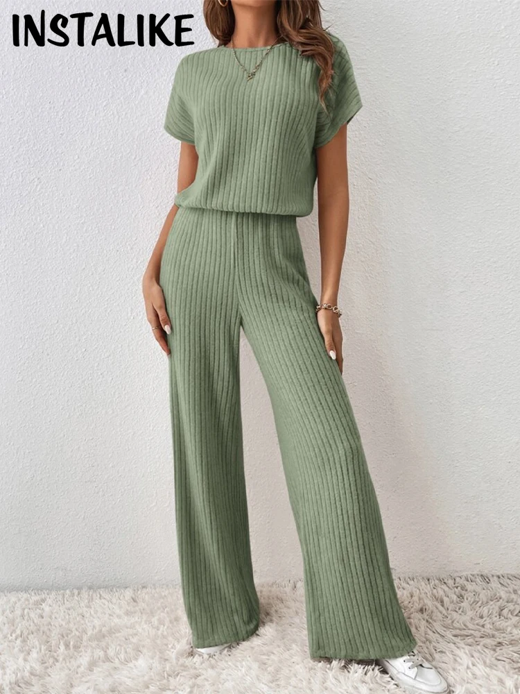 InstaLike-Women's Casual Loose Knit Short Sleeve Crop Tops, Solid Rib Crewneck, Long Street Stretchy Wide Leg Pants Sets fitness women jumpsuits casual street solid deep v neck cleavage backless short sleeve overalls skinny concise one piece outfit