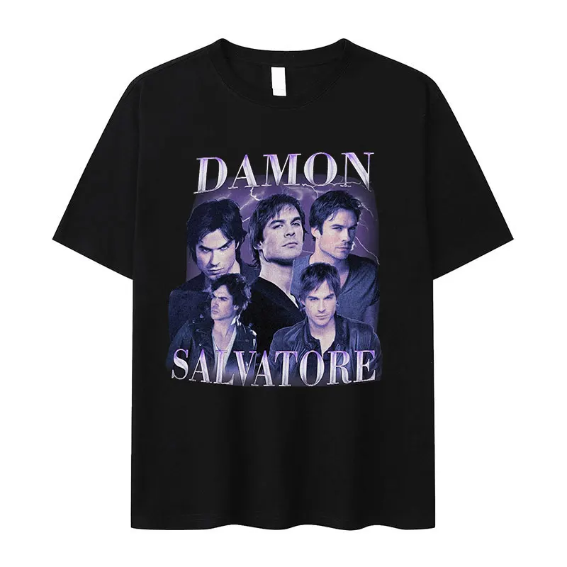 Damon Salvatore Ian Somerhalder TV Series Graphic T Shirts Men's Retro Gothic Fashion Oversized Cotton T-shirt Unisex Streetwear 2