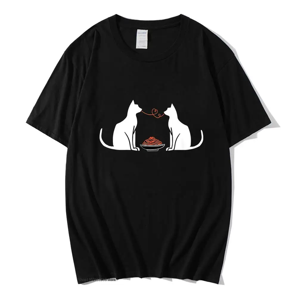 

Funny Valentines Day T-Shirts Women Cute Cat Lover Eating Spaghetti Tshirt 100%Cotton Tee Y2k Clothes Kawaii Girls Top Men Shirt