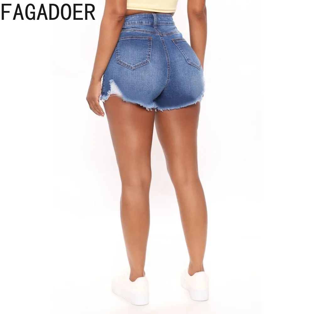 FAGADOER Summer Denim Hole Skinny Shorts Women High Waisted Button Slim Bottoms Fashion Female Cowboy Matching Shorts 2024 New