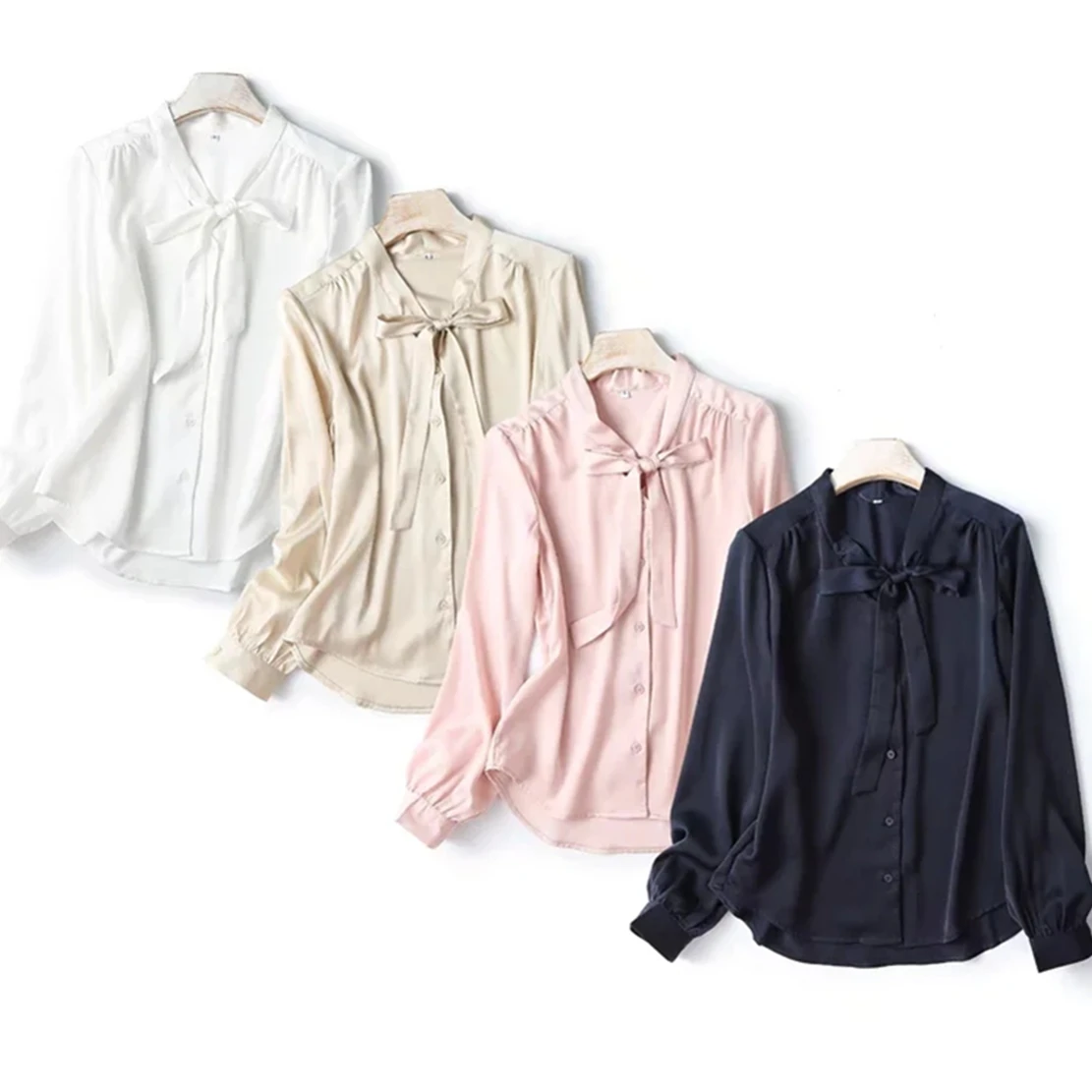

Maxdutti Silk Satin Bow Casual Shirt Women Elegant Long Sleeve Blouse 2023 England Style Office Lady Fashion Blouse Tops