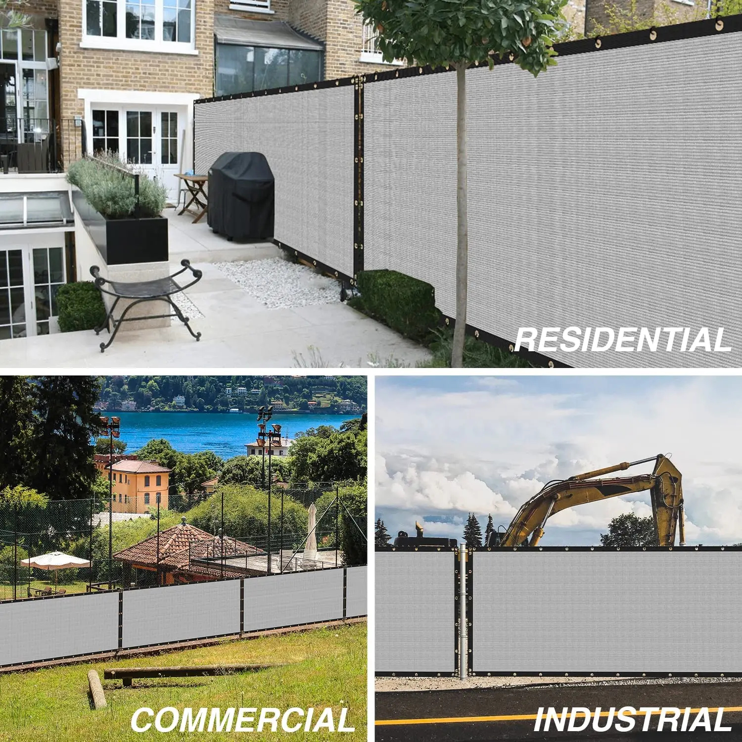 Enhanced Privacy Screen with Grommets & Bindings for Commercial and Residential Use - Grey