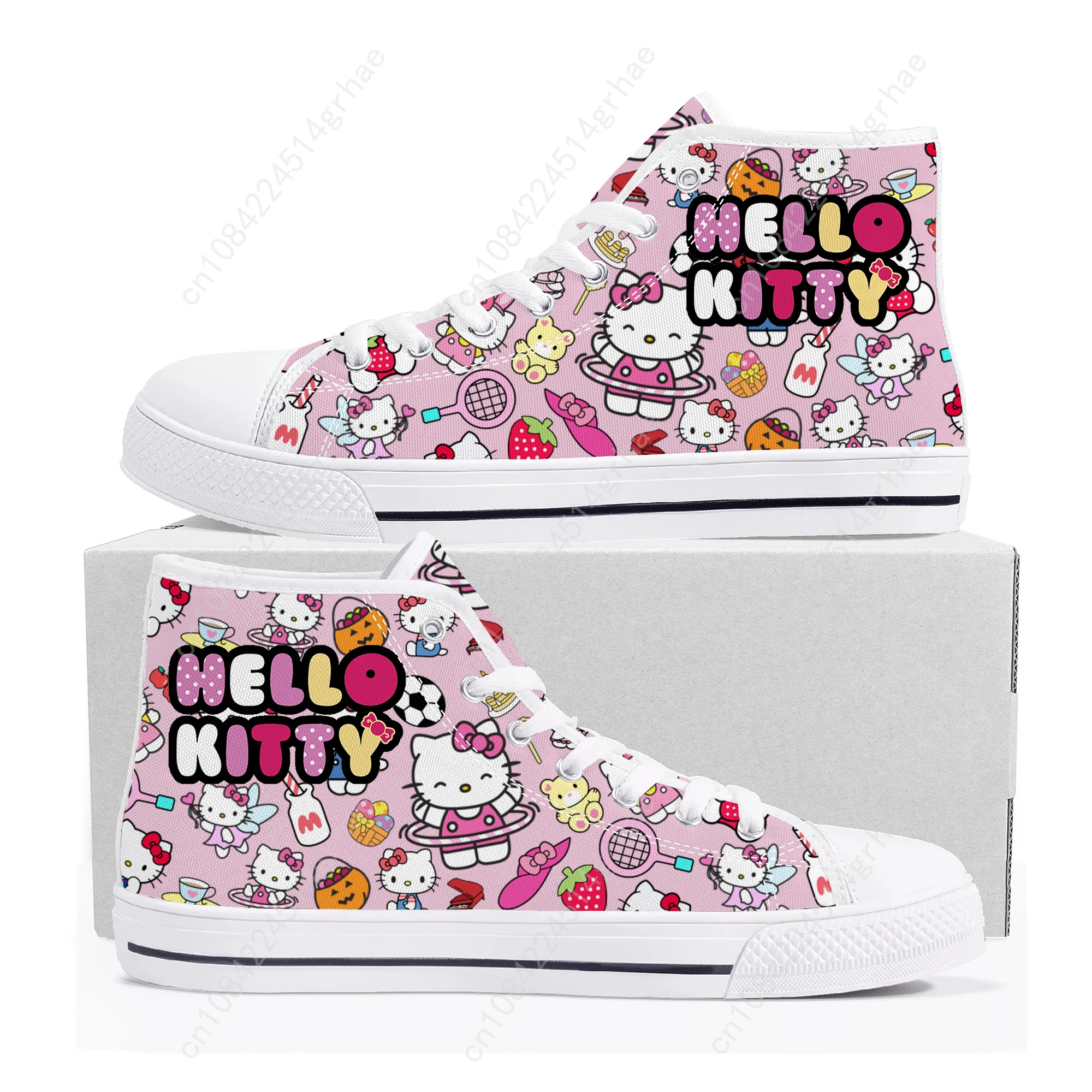Hello Cute Cartoon Pink Cat High Top Sneakers Mens Womens Teenager High Quality Canvas Sneaker Manga Couple Customized Shoes