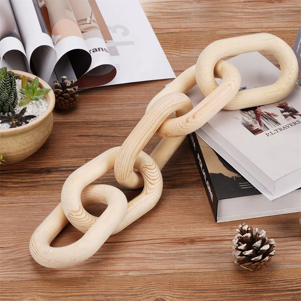 

Boho Style Chain Link Wooden Hand Carved 5-Link Chain Art Craft Ornament for Table Tray Farmhouse Office Rustic Desk Decoration