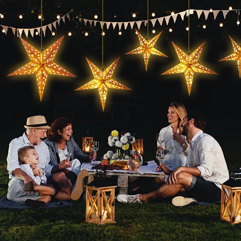 30/45/60cm Hollow Out Star Hanging Pendant Led Light Window Grille Paper Lantern Wedding Party Christmas Stars Lampshade Decor - Image 4