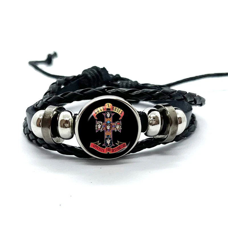 Latest Guns N Roses Rock Band Bracelet Punk Guns and Roses Band Logo Print Glass Gem Handmade Multilayer Braided Bangle Gift 4