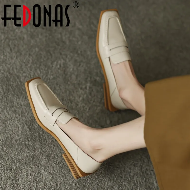 

FEDONAS Genuine Leather Women Pumps Spring Autumn Low Heels Square Toe Concise Shallow Fashion Casual Office Lady Shoes Woman