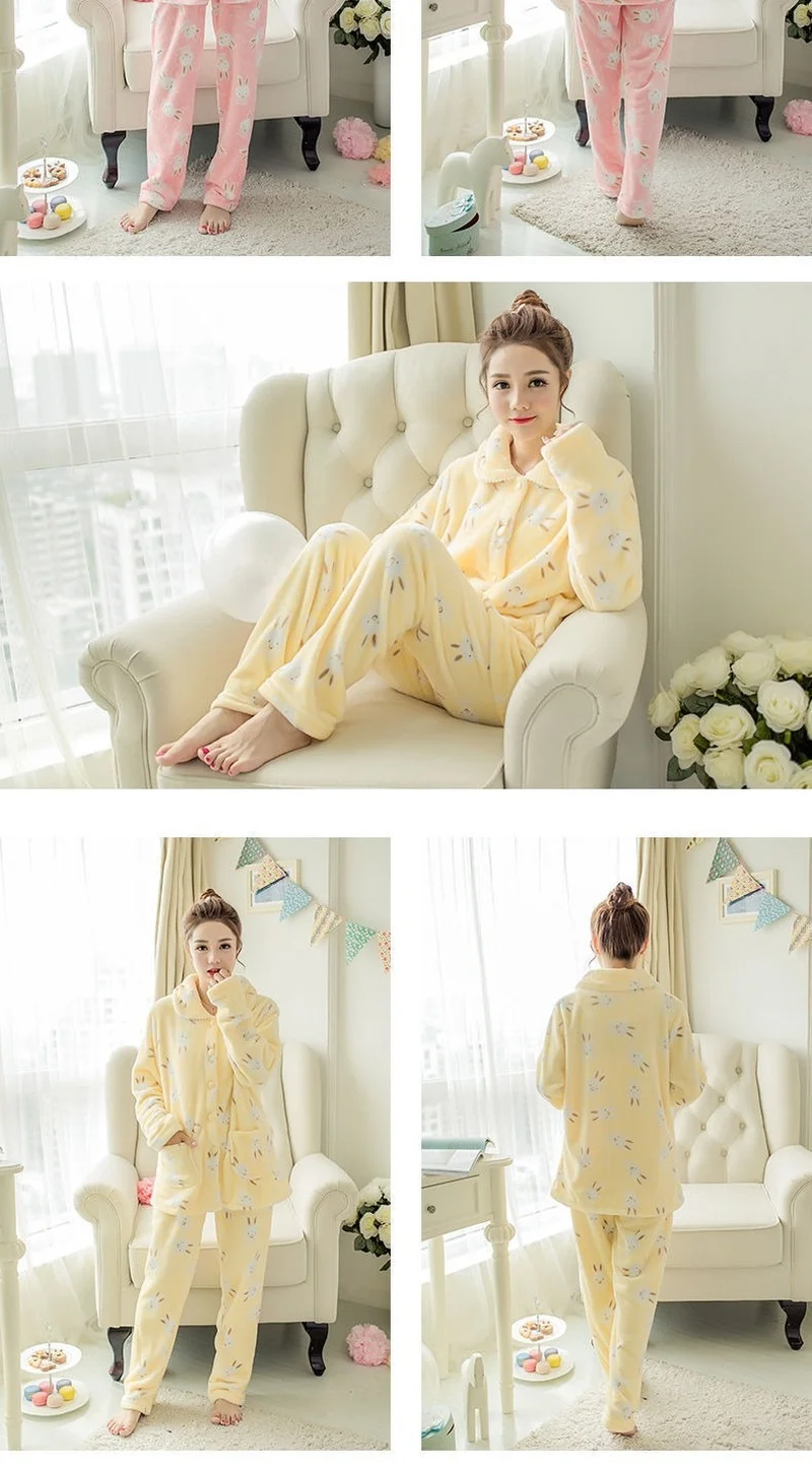 Women's Pajamas Winter Flannel Sleepwear Lapel Cardigan Long Sleeve Cartoon Pyjamas Women's Warm Pajamas Plus Size Lingere