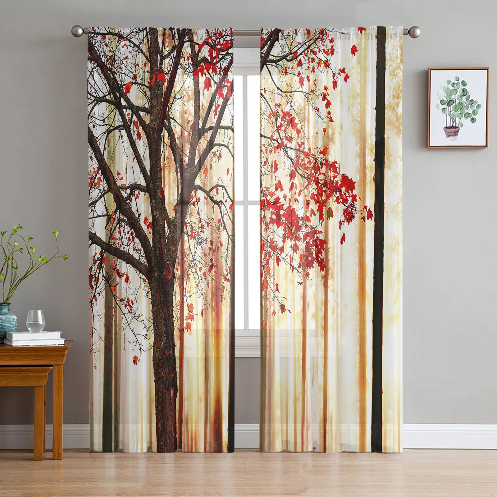 

Autumn Abstract Woodland Fallen LeavesTulle Curtains For Living Room Modern Yarn Voile Window Drapes Sheer for the Bedroom