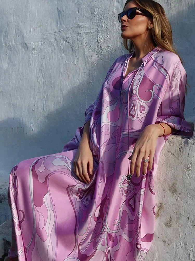 Oversized Women's Print Kaftan Maxi Dress With Pink Pattern Loose