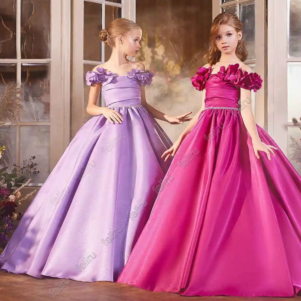 

Satin Flower Girl Dresses Off The Shoulder Girl Princess Dresses 3D Flowers First Communion Gowns Birthday Skirts for Children