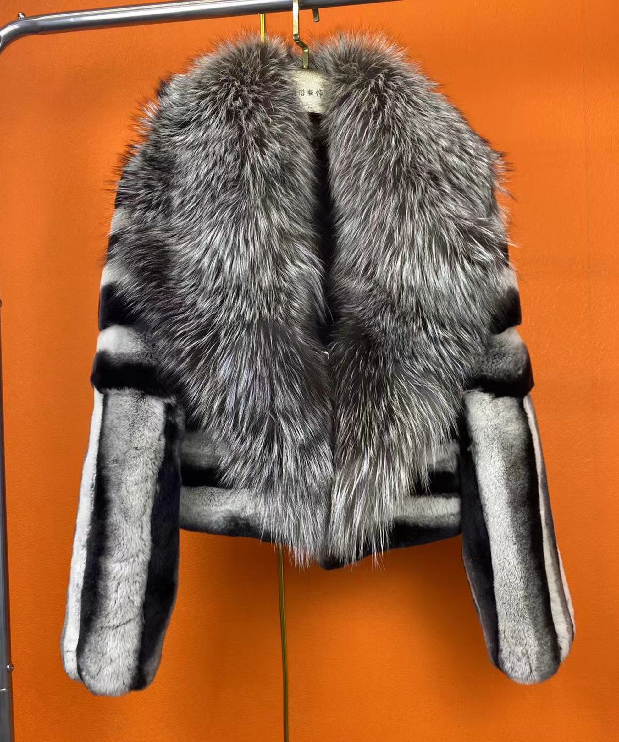 Natural Rex Rabbit Fur Jacket Real Silver Fox Fur Collar