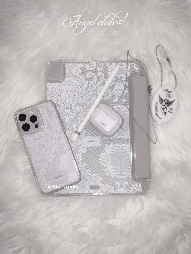 Elegant White Lace Tri-fold Case with Pen Holder
