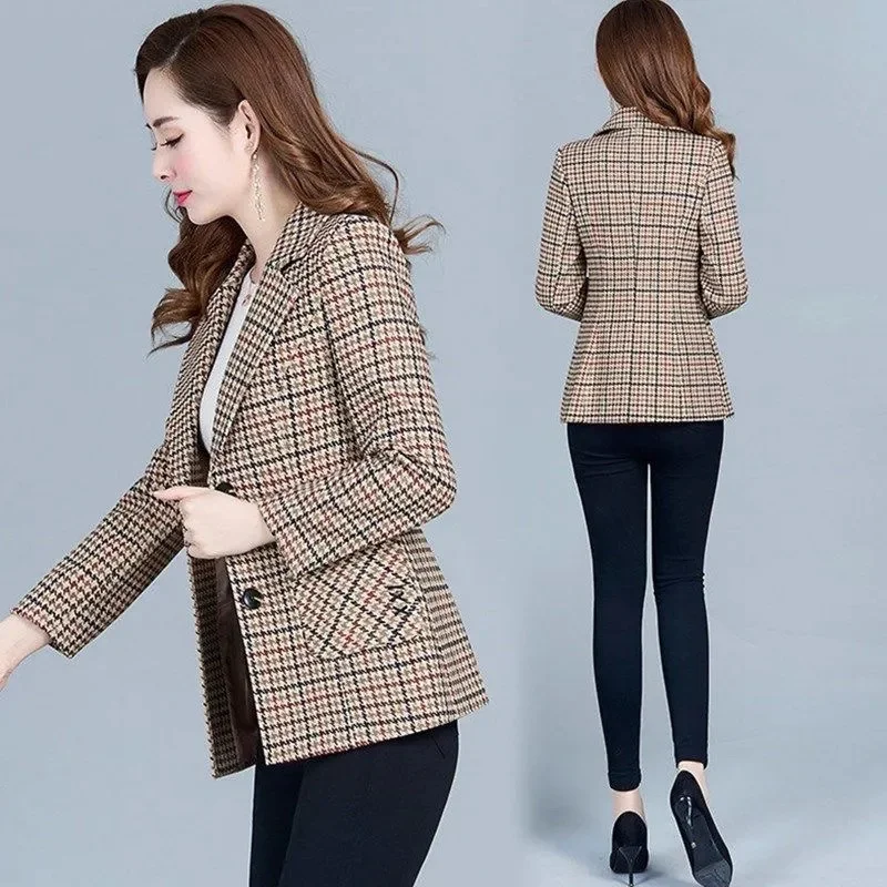 Fashion Blazer Plaid Suit Jacket Mother's Jacket Women's Short Slim Fit 2022 Spring And Autumn New Korean Blouser Cardigan Top