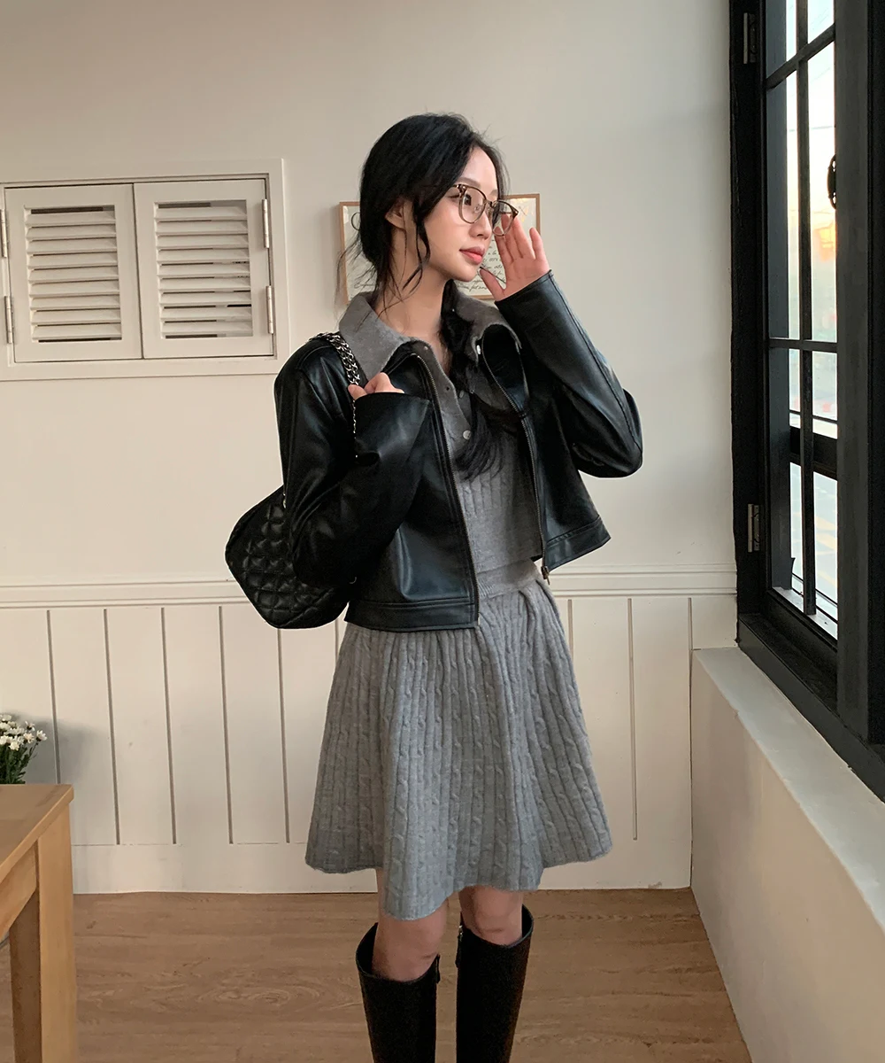 Korean Fashion Two-piece Set Women Pullover Turn-down Collar Crop Top Mini Skirt Solid Casual Suit Autumn New Knitwear Outfits