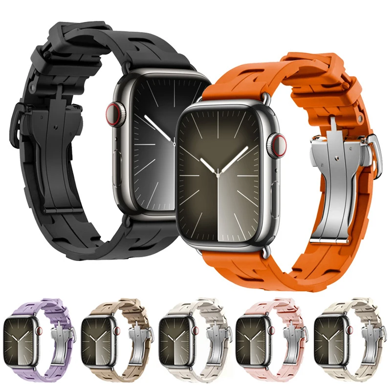 

Butterfly Buckle Silicone Strap For Apple Watch Ultra 2 1 49mm Band 44mm 45mm 40mm 38mm 41mm 42mm Sport Bracelet iWatch 9 8 7 SE