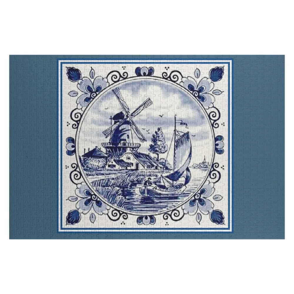 

DUTCH BLUE DELFT: Vintage Windmill Print Jigsaw Puzzle With Personalized Photo Wooden Jigsaws For Adults With Photo Puzzle