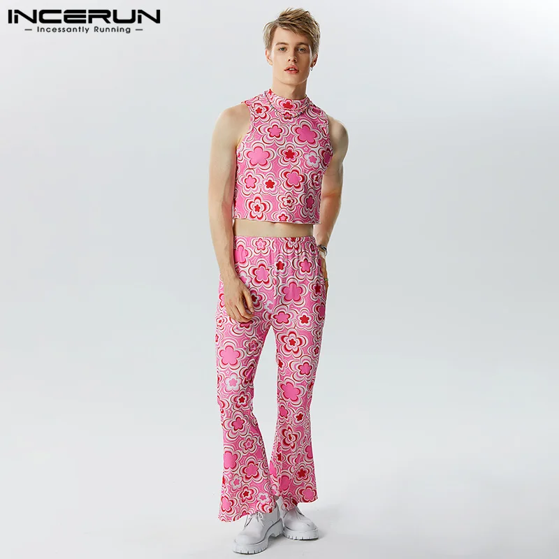 

2023 Men Sets Flower Printing O-neck Sleeveless Crop Tank Tops & Pants 2PCS Streetwear Summer Fashion Men's Suits S-5XL INCERUN