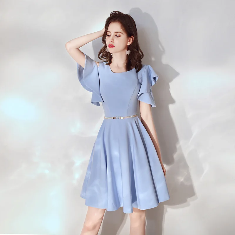 

Women Satin Evening Dress Sexy Off Shoulder Short Pleated Dresses O-Neck Flare Sleeve Prom Gown Autumn Bridesmaid Wedding Skirts