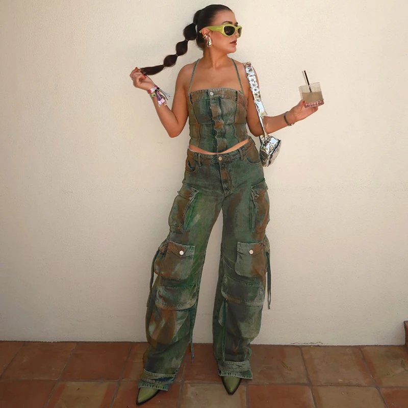 Women Tie Dye Washed Denim Cargo Pants Big Multi-pockets Straight Jeans Loose Trousers Cool Hiphop Lady Baggy Pants Streetwear