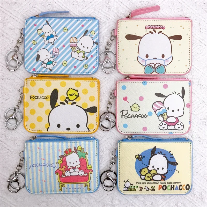 Sanrio Card Holder Hello Kitty Melody Kulomi Cartoon Coin Purse with Keychain Anime Cute Wallet Documents Storage Bag Gifts sanrio hello kitty kulomi melody pvc card holder documents protective case student campus lanyard id hanging neck rope anti lost