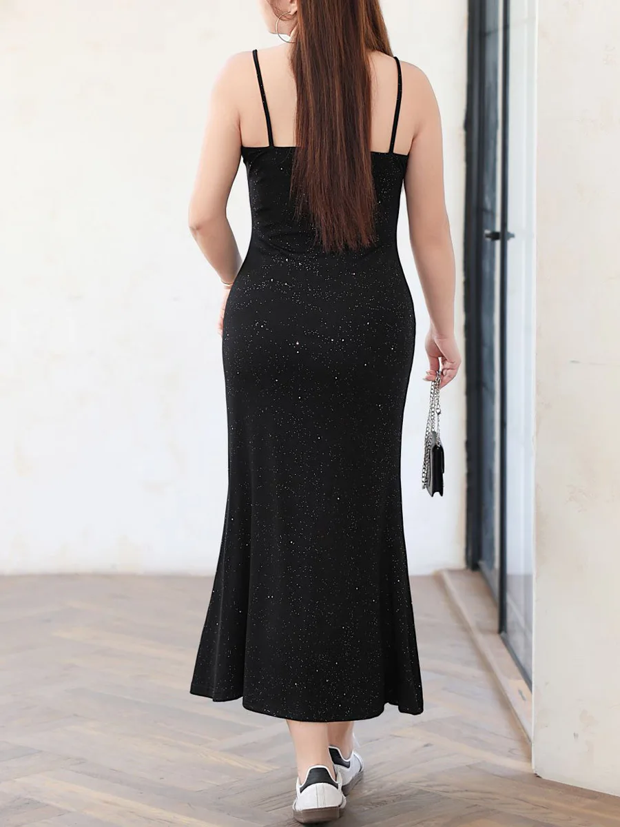 Plus Size Women's Mermaid Dress Premium Knit Lace Sequins Spaghetti Strap French Slim Elegant Fishtail Dresses Autumn 2025