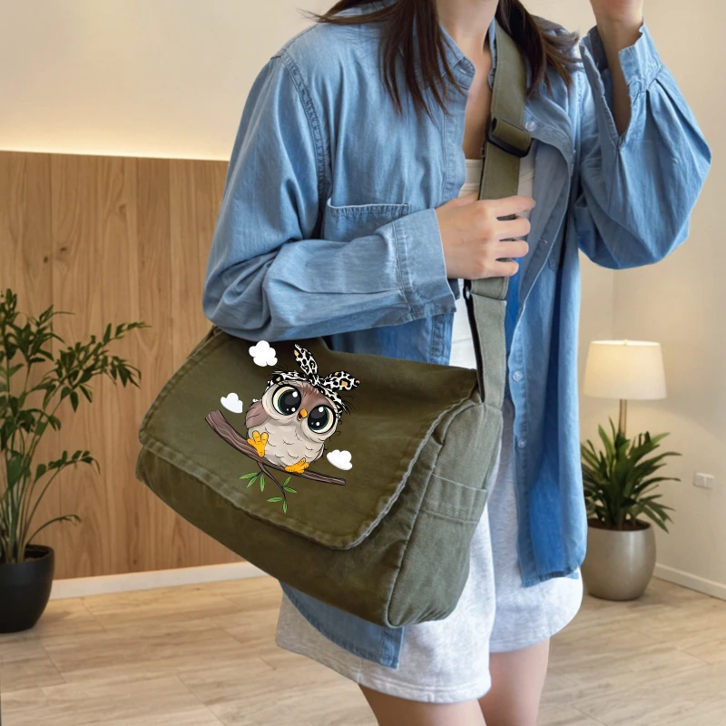 Playful Owl Print Women's Canvas Shoulder Bag Multiple Pockets Tote Crossbody Bag For Women Messenger Bag Commuting